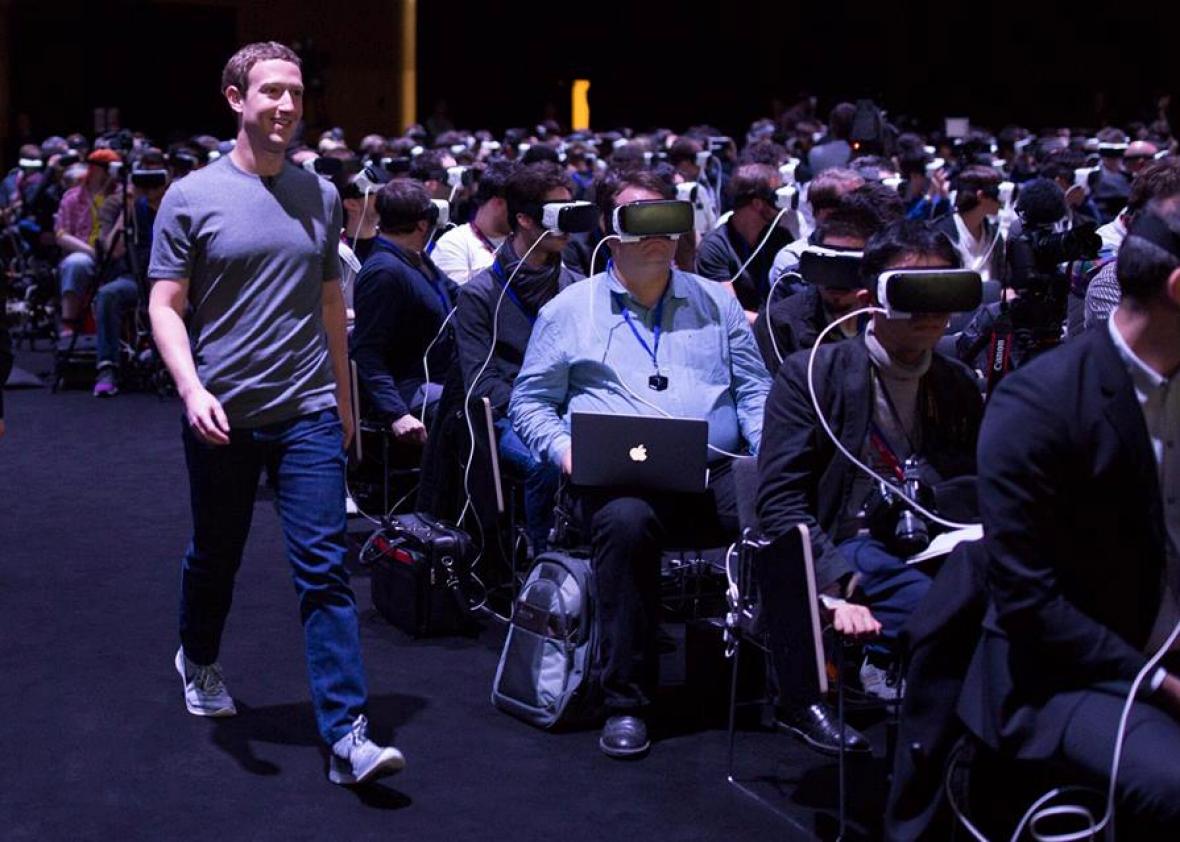 Zukerburg in a sea of VR-wearing people